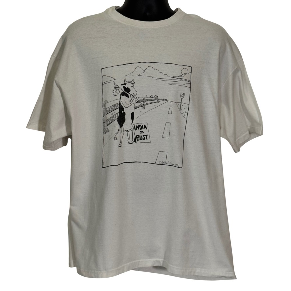 Vintage 1992 Hanes Beefy-T India or Bust Cow Graphic T-Shirt White XXL USA Made